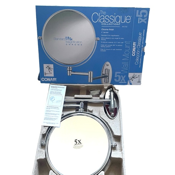 Conair 8" Chrome Wall Mirror 5X Mag Swivel Arm Make Up Open Box - Picture 3 of 13